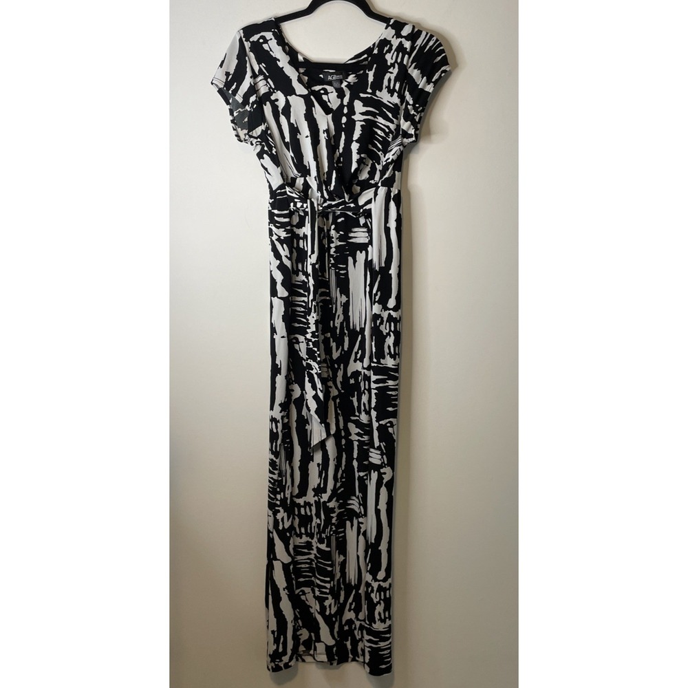 AGB Dress Petite 12 Black White Abstract Print Maxi Dress Belted